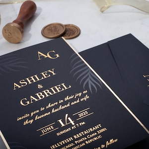 Black Wedding Invitation with Gold Foil Print, Black and Gold Wedding Invitation with Palm Leaves