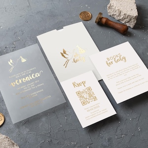 Fille élégante d'invitation de baby shower | Faire-part en acrylique givré feuille d'or | Ensemble de cartes pour baby shower Oh avec réponse et détails | Fête de bébé de luxe