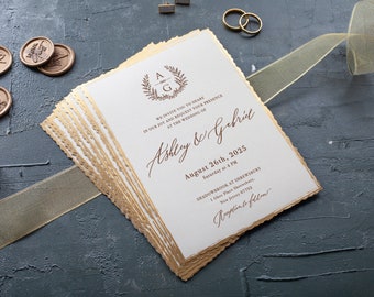 Gold Foil Wedding Invitation, Gold Foil Deckled Edge Invitation with Wax & Seal and Dark Green Envelope, Modern Wedding Invitation