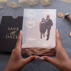 Luxury Acrylic Save The Date Card With Gold Foil And Black Sleeve