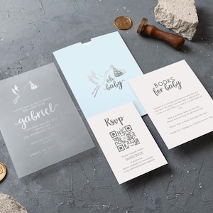 Garçon élégant d'invitation de baby shower | Faire-part en acrylique givré feuille d'argent | Ensemble de cartes pour baby shower Oh avec réponse et détails | Fête de bébé de luxe