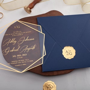 Acrylic Wedding Invitation, Navy Blue and Gold Wedding Invites, Gold Foil Printed Acrylic Invite, Gold Foil Navy Blue Wedding Invitations image 4