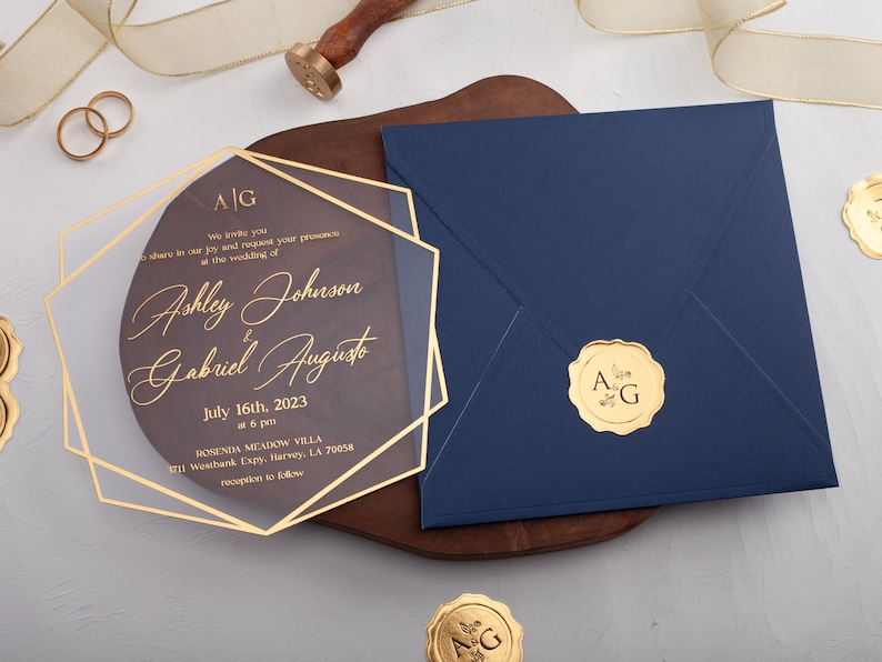 Acrylic Wedding Invitation, Navy Blue and Gold Wedding Invites, Gold Foil Printed Acrylic Invite, Gold Foil Navy Blue Wedding Invitations image 4