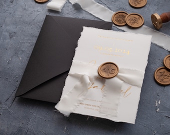 Wedding Invitation, Deckled Edge Paper and Gold Foil Printed Wedding Invite, Black and Gold Wedding Set, Foil Printed, Ribbon and Wax & Seal