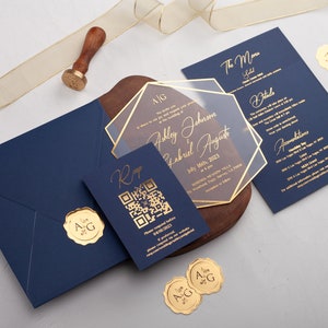 Acrylic Wedding Invitation, Navy Blue and Gold Wedding Invites, Gold Foil Printed Acrylic Invite, Gold Foil Navy Blue Wedding Invitations image 7