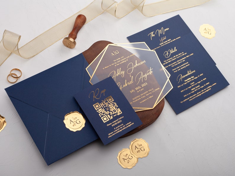 Acrylic Wedding Invitation, Navy Blue and Gold Wedding Invites, Gold Foil Printed Acrylic Invite, Gold Foil Navy Blue Wedding Invitations image 7