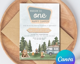 ONE Happy Camper Birthday Invite Template Boy First Birthday Happy Camper Invitation Editable 1st Birthday Invite Camping Birthday Woodland