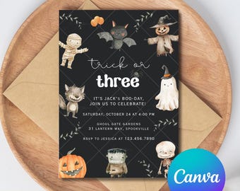 Trick or Three Halloween 3 Birthday Party Invitation Editable Third Birthday Spooktacular 3rd Birthday Halloween Birthday Template Invite