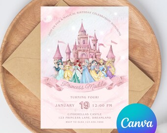 Princess Birthday Invitation Editable Princess Kids Birthday Pandy Template Editable Printable Digital Download Girl Birthday