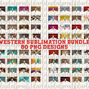 May include: A digital download of 80 western-themed sublimation designs featuring a cow skull with various patterns, including animal prints, geometric designs, and abstract patterns. The designs are perfect for creating custom apparel, home decor, and other crafts.
