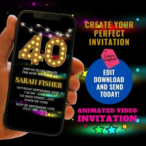 May include: A digital invitation for a 40th birthday party. The invitation features a large, illuminated number "40" with light bulbs. The text on the invitation reads "Join us to celebrate the 40th birthday of Sarah Fisher. Saturday, September 26th, 7:00 PM - 10:00 PM, 123 Main Street, City, State Zip Code. RSVP by September 15th, (321) 456-5678."