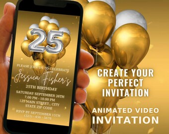 Invito animato per il 25° compleanno, palloncini oro e argento (digitale)