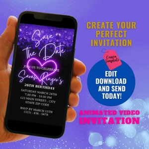 Digital Save The Date Birthday Invitation, Purple Glitter Birthday Party, Digital Party Invite, Video Invitation, Any Age Editable E Invite