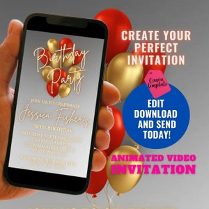 Digital Gold Glitter Balloons Birthday Party Invitation, Gold Balloons Birthday Invitation, Editable Birthday Video Invitation, Any Age