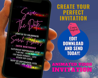 Invitación de cumpleaños neón, video editable para guardar la fecha (descarga digital)