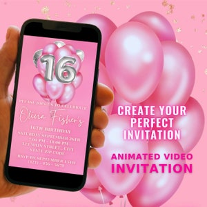 16th Birthday Party Dinner Pink Silver Glitter Invitation, Digital Birthday Dinner Invite, Animated Birthday Video Invitation Template