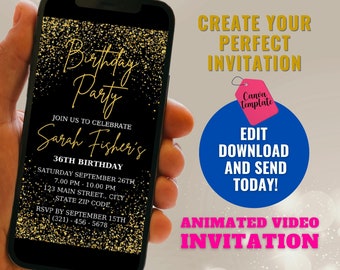 Può includere: Invito video animato per una festa di compleanno di 36 anni con glitter dorati su sfondo nero. L'invito dice "Birthday Party" e "Join us to celebrate Sarah Fisheri's 36th Birthday". L'invito include la data, l'ora e il luogo della festa. RSVP entro il 15 settembre. (321)-456-5678.