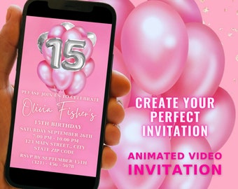 Invitación a cena de 15.º cumpleaños, globos rosas y plateados (plantilla de video digital)