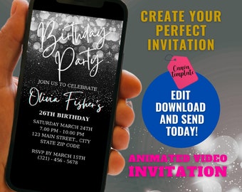 Op de afbeelding: Een geanimeerde video-uitnodiging in zwart-wit voor een 26e verjaardagsfeest. De uitnodiging heeft een glinsterende achtergrond met de tekst "Birthday Party" en "Olivia Fisher's 26th Birthday". De uitnodiging bevat de datum, tijd en locatie van het feest, evenals een RSVP-contactnummer.
