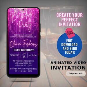 Pink Glitter Birthday Party Invitation, Digital Birthday Party Invite, Electronic Invite, Video Invitation, Editable Template, Any Age