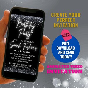 Black and Silver Birthday Party Invitation, Digital Birthday Video Invitation, Any Age Silver Glitter Invite, Editable Invitation Template