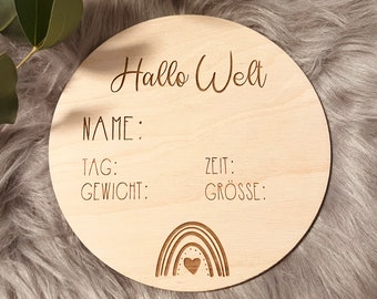 Holzschild „Hallo Welt“ Geburt Fotoshooting personalisieren