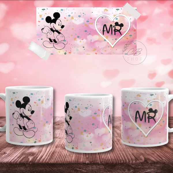 2 Digital Templates and Mockup for sublimation Mugs - Mickey and Minnie Valentine's Day Mr&Mrs, Boyfriend and Girlfriend Couple Mug Design