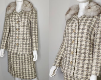 1970s Tweed Skirt Suit with Fur Trim