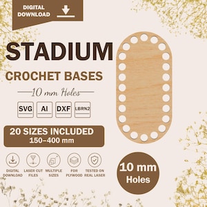 Rounded Rectangle Crochet Base SVG, Stadium Basket Bottom, 20 Sizes, 10mm Holes - Digital Files