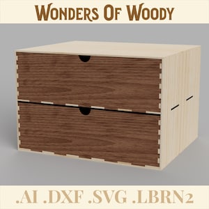 May include: A two-drawer wooden box with a light wood frame and dark wood drawer fronts. The box has a rectangular shape with a flat top and is labeled "Wonders Of Woody". The bottom of the image includes the text ".AI .DXF .SVG .LBRN2".