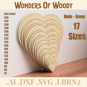 Base de crochê em formato de coração em SVG – 17 tamanhos – Arquivos para corte a laser, furos de 6 mm, molde para fundo de cesta de crochê, formato de coração em madeira compensada, download digital