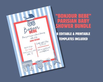 Bonjour Bebe Baby Shower Bundle: Parisian Canva Templates (Digital Download)