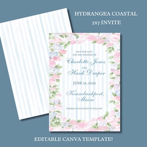 May include: A wedding invitation with a floral border of pink, blue, and white hydrangeas. The text reads "Save the Date" for Charlotte Jones and Hank Draper, June 15, 2025, Kennebunkport, Maine. The invitation is 5x7 inches.