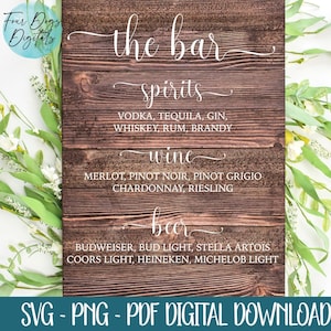 Bar Menu svg, Wedding svg, Reception Bar svg, Wedding Sign svg, The Bar svg, Wedding bar svg pdf png instant download printable or Cut File