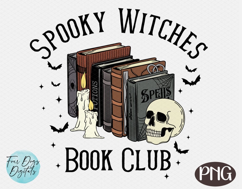 Puede incluir: Gr&aacute;fico de Spooky Witches Book Club con una pila de libros, velas y una calavera. Los libros tienen t&iacute;tulos como "Spells" y "Potions".