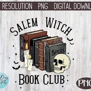 K&ouml;nnte beinhalten: Eine digitale Illustration eines Stapels B&uuml;cher mit dem Text "Salem Witch Book Club" und einem Sch&auml;del mit einem gruseligen Design. Die B&uuml;cher haben Titel wie "Potions" und "Spells".