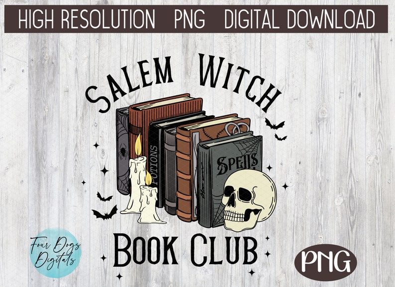 K&ouml;nnte beinhalten: Eine digitale Illustration eines Stapels B&uuml;cher mit dem Text "Salem Witch Book Club" und einem Sch&auml;del mit einem gruseligen Design. Die B&uuml;cher haben Titel wie "Potions" und "Spells".