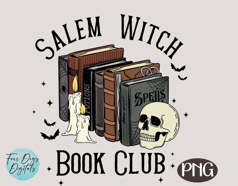 K&ouml;nnte beinhalten: Eine Illustration im Vintage-Stil mit einem Stapel B&uuml;cher mit den Titeln "Spells", "Potions" und anderen nicht lesbaren Titeln. Die B&uuml;cher sind von Kerzen, einem Sch&auml;del und Flederm&auml;usen umgeben. Der Text "Salem Witch Book Club" ist in schwarzen Buchstaben &uuml;ber den B&uuml;chern geschrieben. Der Text "PNG" ist in einem Kreis unter den B&uuml;chern geschrieben.
