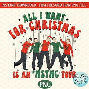 Op de afbeelding: Een digitale illustratie van vijf cartoonfiguren in rood, groen en blauw gekleed die de woorden "All I Want For Christmas Is An *NSYNC Tour" in rode en groene letters omhoog houden. De achtergrond is wit met een sneeuwvlokkenpatroon.
