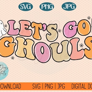 May include: A colorful graphic design with the text "Let's Go Ghouls" in a retro font. The design features two ghosts, one with a witch's hat and broom, and the other with a simple white shape. The design is perfect for Halloween.