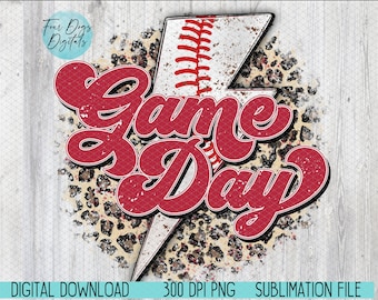 May include: A red and white graphic with the text "Game Day" in a retro font. The graphic features a baseball with stitching and a lightning bolt with a leopard print background.