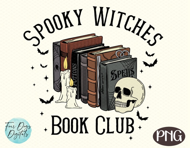 Puede incluir: Gr&aacute;fico de Spooky Witches Book Club con una pila de libros, velas y una calavera. Los libros tienen t&iacute;tulos como "Hechizos" y "Pociones".