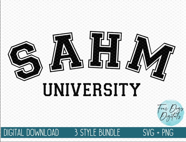 K&ouml;nnte beinhalten: Schwarzwei&szlig;es Grafikdesign mit dem Text "SAHM UNIVERSITY" in einer Schriftart im Varsity-Stil.