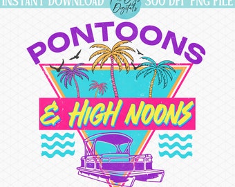 May include: Retro-style graphic design with a pink, yellow, and blue color scheme. The design features a pontoon boat, palm trees, and the text "Pontoons & High Noons".