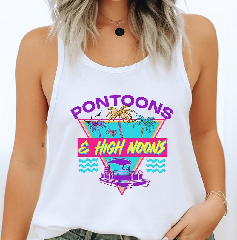 May include: White tank top with a graphic design of a pontoon boat, palm trees, and the text "Pontoons & High Noons" in a retro style.