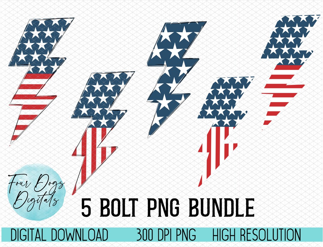 American Flag Lightning Bolt PNG Bundle, July 4th Png, Patriotic PNG