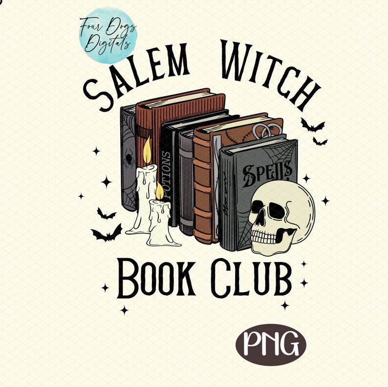 K&ouml;nnte beinhalten: Eine Schwarzwei&szlig;illustration eines Sch&auml;dels mit einem Stapel B&uuml;cher dahinter. Die B&uuml;cher haben Titel wie "Spells" und "Potions". Der Text "Salem Witch Book Club" befindet sich &uuml;ber den B&uuml;chern und dem Sch&auml;del.