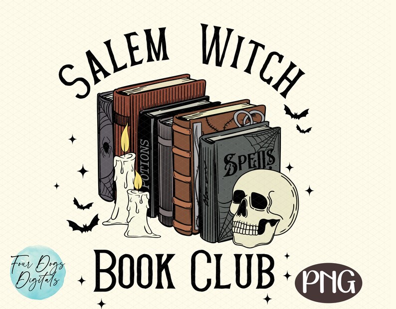 K&ouml;nnte beinhalten: Eine Illustration im Vintage-Stil mit einem Stapel B&uuml;cher mit den Titeln "Spells", "Potions" und anderem unleserlichem Text. Die B&uuml;cher sind von einem Sch&auml;del, Kerzen und Flederm&auml;usen umgeben. Der Text "Salem Witch Book Club" befindet sich &uuml;ber den B&uuml;chern und "PNG" darunter.