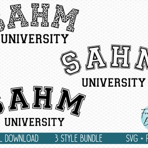 K&ouml;nnte beinhalten: Drei Variationen eines schwarz-wei&szlig;en Grafikdesigns mit dem Text "SAHM UNIVERSITY". Das erste Design zeigt ein Leopardenmuster. Das zweite und dritte Design zeigen eine Schriftart im College-Stil.