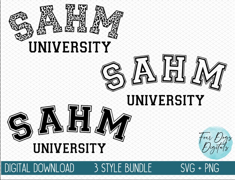 K&ouml;nnte beinhalten: Drei Variationen eines schwarz-wei&szlig;en Grafikdesigns mit dem Text "SAHM UNIVERSITY". Das erste Design zeigt ein Leopardenmuster. Das zweite und dritte Design zeigen eine Schriftart im College-Stil.